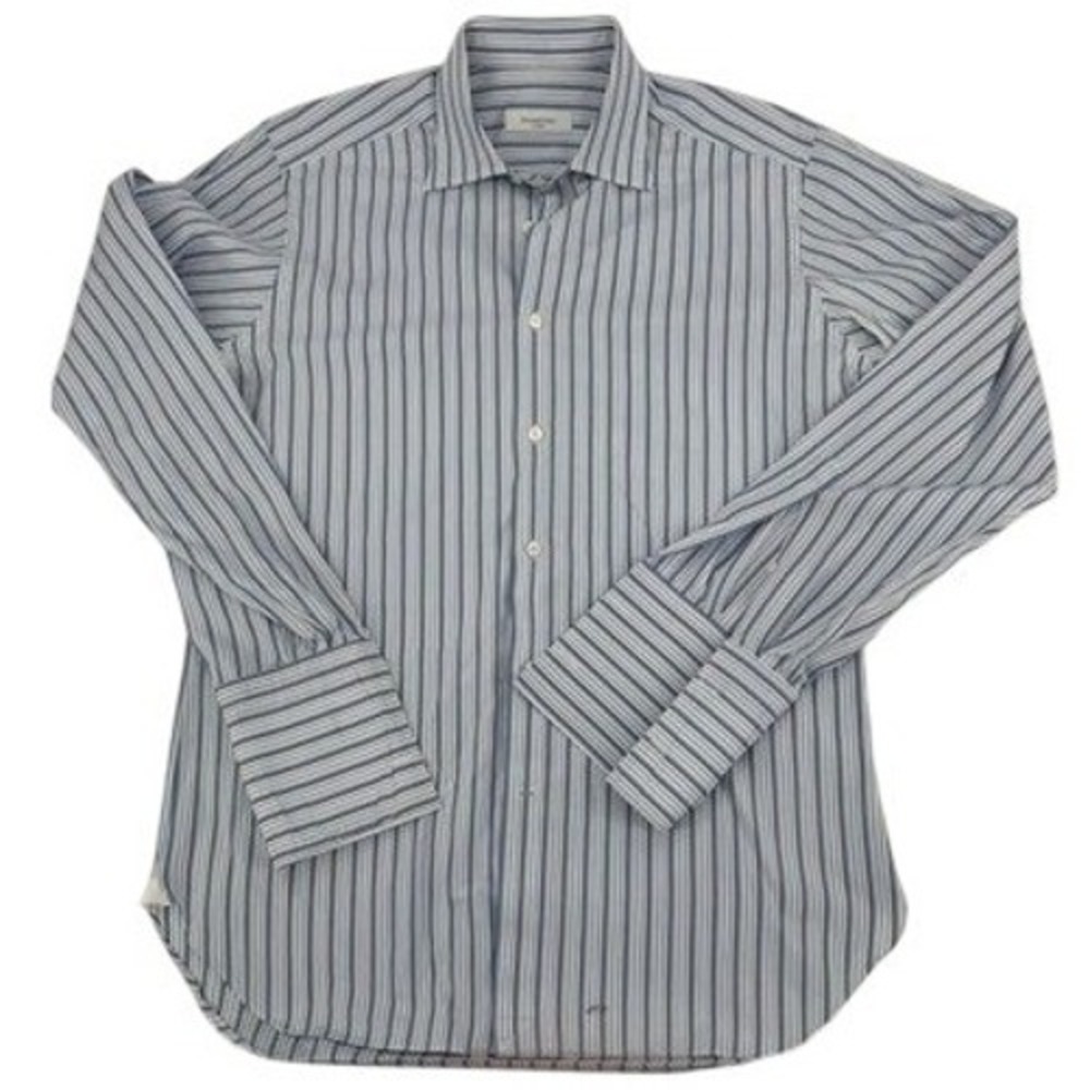Ermenegildo Zegna Su Misura Shirt Mens XL Blue Striped French Cuff‎ Comfort Fit